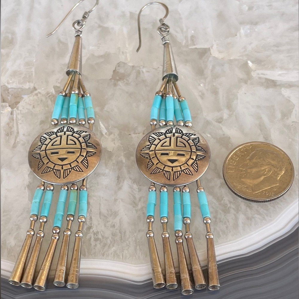 Long Vintage Native Sterling Silver And Turquoise Dangle Earrings, Southwestern
